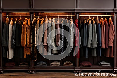 Closet Showcasing Range Of Stylish Winter Coats And Jackets. Generative AI Stock Photo