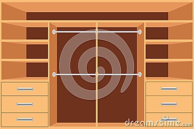 Closet, Wardrobe with shelves and drawers. Empty cupboard, Furniture interior design, Wardrobe room, vector illustration. Vector Illustration