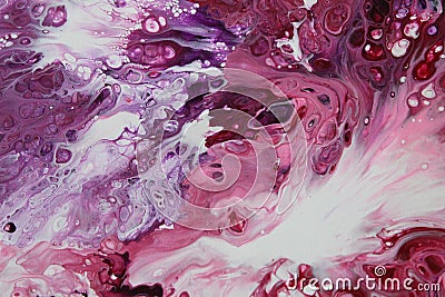 Closeup on an abstract acrylic pour painting of a clashing tempest, done in shades of red, purple, and white. Stock Photo