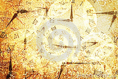 Closeup surface abstract pattern by many clock on retro yellow marble floor textured background Stock Photo