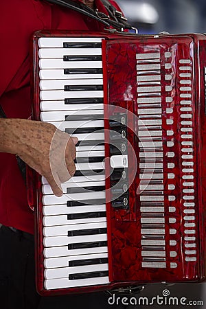 Closeup of accordionist and his instrument Stock Photo