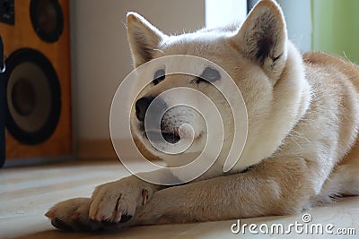 Closeup of an adorable Shiba Inu dog, lying on the ground Stock Photo