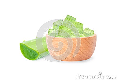 Closeup aloe vera cube gel in wooden isolated on white background, Skin care and spa beauty concept Stock Photo