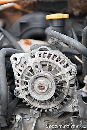 Closeup Alternator in an old car Stock Photo