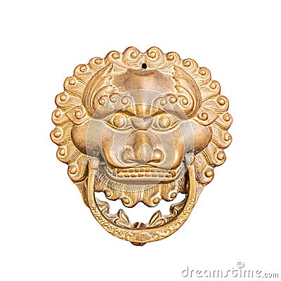 Closeup ancient lion head isolated Stock Photo