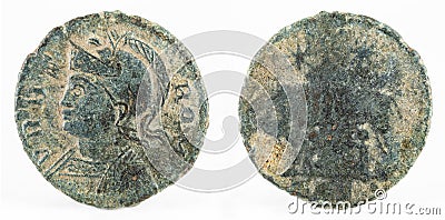 Closeup of an ancient Roman copper coin of Vrbs Roma. Editorial Stock Photo