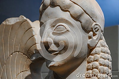 Closeup of an ancient sphinx in Grecian ruins - a treacherous and merciless mythical creature with the head of a human and the bod Stock Photo