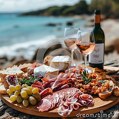 Closeup Antipasto platter with prosciutto crudo or jamon, salami, olives and white wine on a wooden board on the background of the Stock Photo