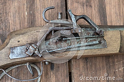 Closeup of antique firearm. Close-up. Stock Photo