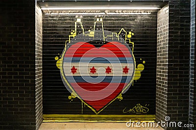 Closeup of an art mural with heart and skyline on the black wall, Chicago street Editorial Stock Photo