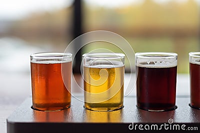 Closeup of artisanal craft beer flight in variety of styles Stock Photo