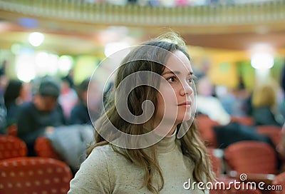 Closeup on attentive woman satisfied theatre Stock Photo