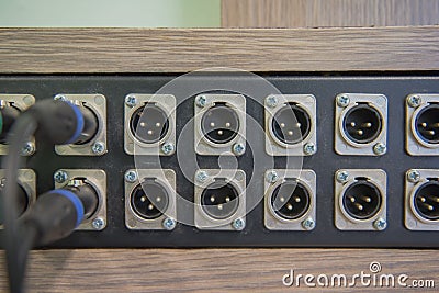 Closeup Audio cable , amplifier or mixer. Music equipment. Stock Photo