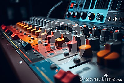 Closeup of audio mixing equipment in a professional music studio, AI-generated. Stock Photo