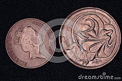 Closeup of an Australian 1 and 2 cent coin. Editorial Stock Photo