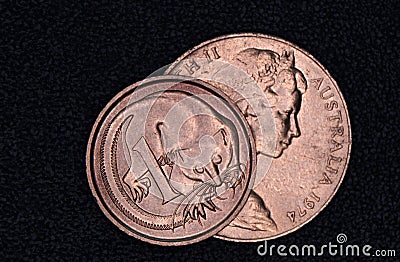 Closeup of an Australian 1 and 2 cent coin. Stock Photo