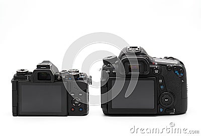 Back View of Mirrorless Camera and DSLR Camera Isolated on White Stock Photo