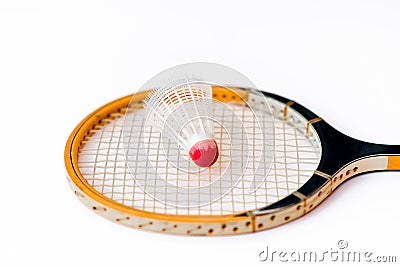Closeup Badminton racket and shuttlecock isolated on white top view Stock Photo