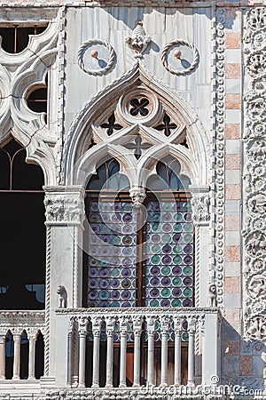 Closeup of balcony on Ca d Oro Palace facade on Grand Canal. Stock Photo