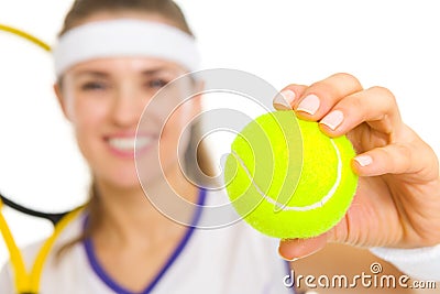 Closeup on ball in hand of female tennis player Stock Photo