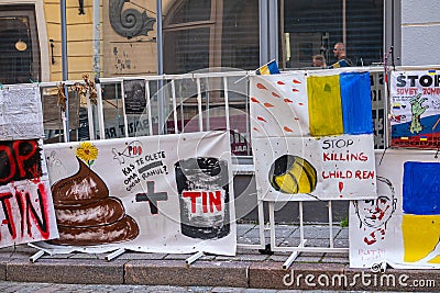 Closeup banner 3, solidarity with Ukrain at Russian Embassy, Tallinn, Estonia Editorial Stock Photo