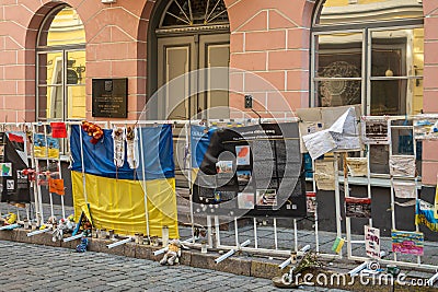 Closeup banner 5, solidarity with Ukrain at Russian Embassy, Tallinn, Estonia Editorial Stock Photo