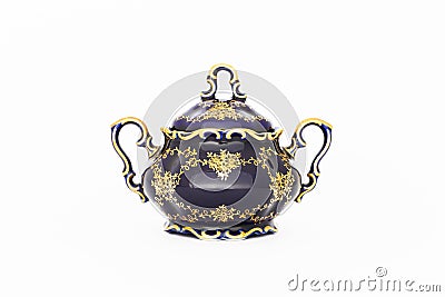 Beautiful cobalt blue colored vintage porcelain sugar bowl with gold ornament Stock Photo