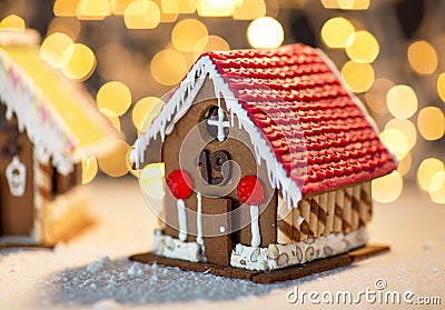 Closeup of beautiful gingerbread houses at home Stock Photo