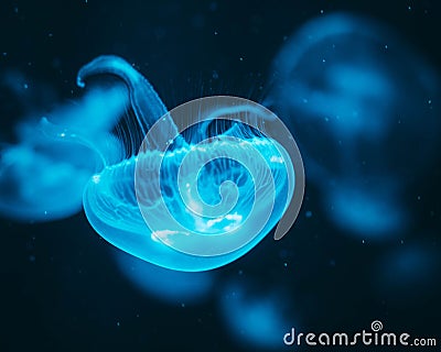 Closeup of a beautiful jellyfish glowing in blue color Stock Photo