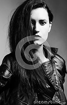 Closeup beautiful woman portrait in rock style Stock Photo
