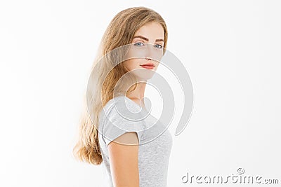 Closeup Beautyful woman face isolated on white background. Skin care and hair care concept. Happy blonde girl nature beauty. Copy Stock Photo