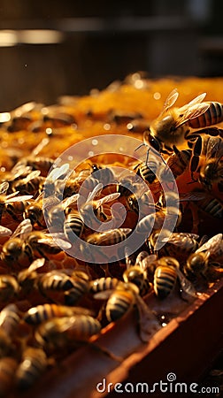 Closeup beekeeper with honeycomb frame, bees crafting liquid gold, a symbiotic dance Stock Photo