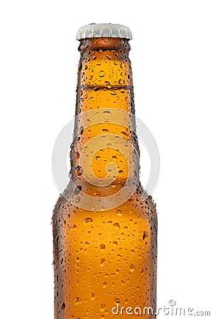 Closeup Beer bottle with water drops isolated on white Stock Photo