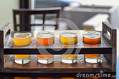 Closeup of beer flight at local brewery Stock Photo