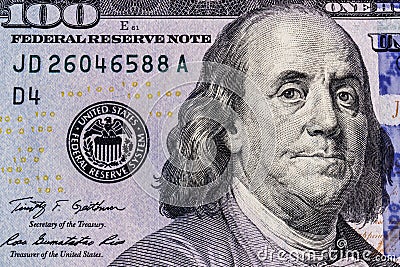 Closeup of Ben Franklin on a one hundred dollar bill for background II Stock Photo