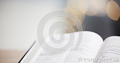 Closeup, bible or book for faith, studying religion and mindfulness with holy spiritual scripture. Christian literature Stock Photo