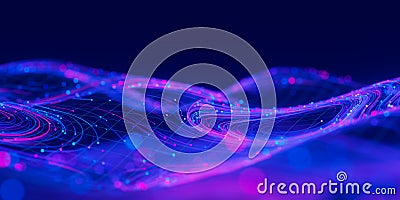 Closeup of Big data swirl patterns in futuristic cyberspace. Whirl flow of data in quantum digital network. Neon qubit Stock Photo