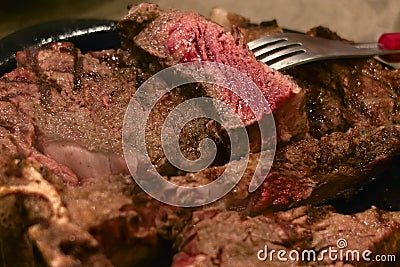 closeup medium rare beef steak in hot plate Stock Photo