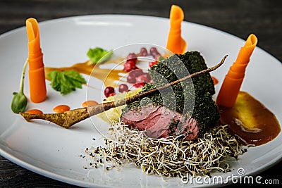 Closeup medium raw meat in dill served with wheat sprouts Stock Photo