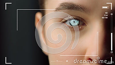 Closeup biometrical vision scanning system inspecting woman eye identifying Stock Photo