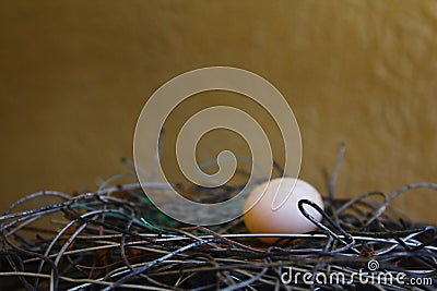 Closeup of bird`s egg with nest made of aluminum wires Stock Photo