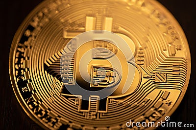 Closeup Bitcoin, gold coin Crypto currency. Blockchain and crypto concept. Bitcoin Digital money Stock Photo