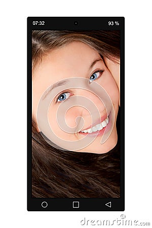 Closeup of a black cellphone with a portrait photo of a happy young woman Stock Photo