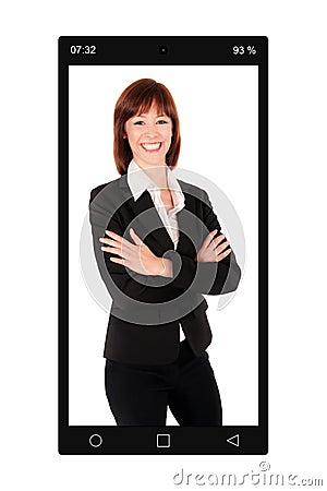 Closeup of a black cellphone with a portrait photo of a laughing young businesswoman Stock Photo