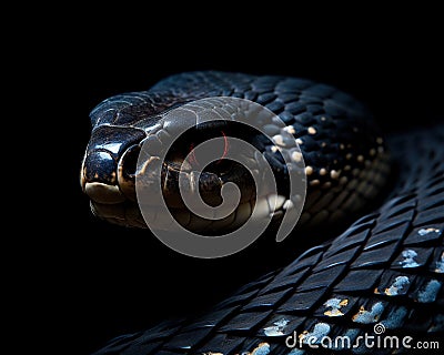 closeup of a black cobra snake looking to the side on a dark background. Stock Photo