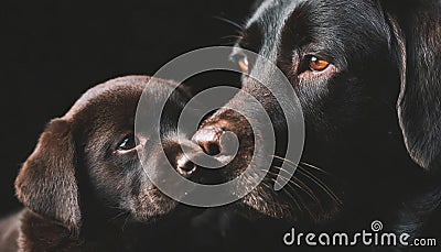 Closeup of a black mother labrador dog nuzzling her litter baby dog Stock Photo
