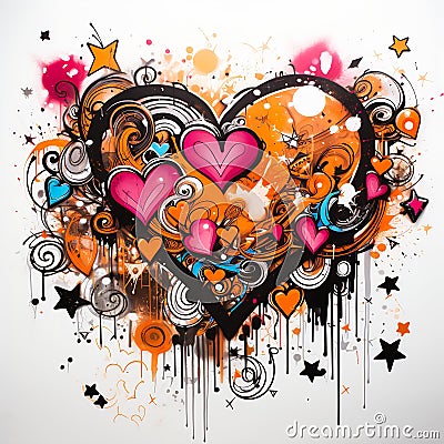 Closeup of a black and orange heart with a graffiti signature Stock Photo