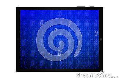 Closeup of a black tablet computer with binary code on blue Stock Photo