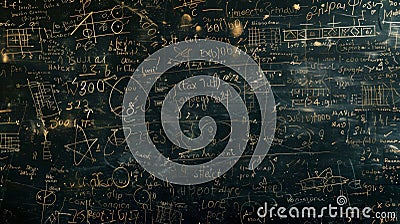 A closeup of a blackboard with neat handwriting showcasing a complex math problem that has been solved using traditional Stock Photo
