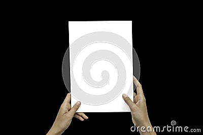 Closeup Blank White Paper Sheet Mockup Holding Female Hands Abstract Black Background. Stock Photo